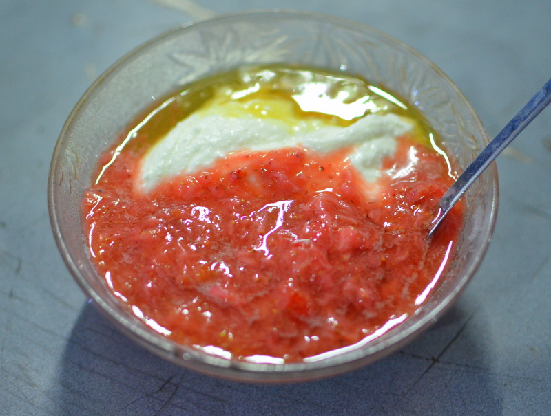 fresh plain yogurt with strawberry sauce